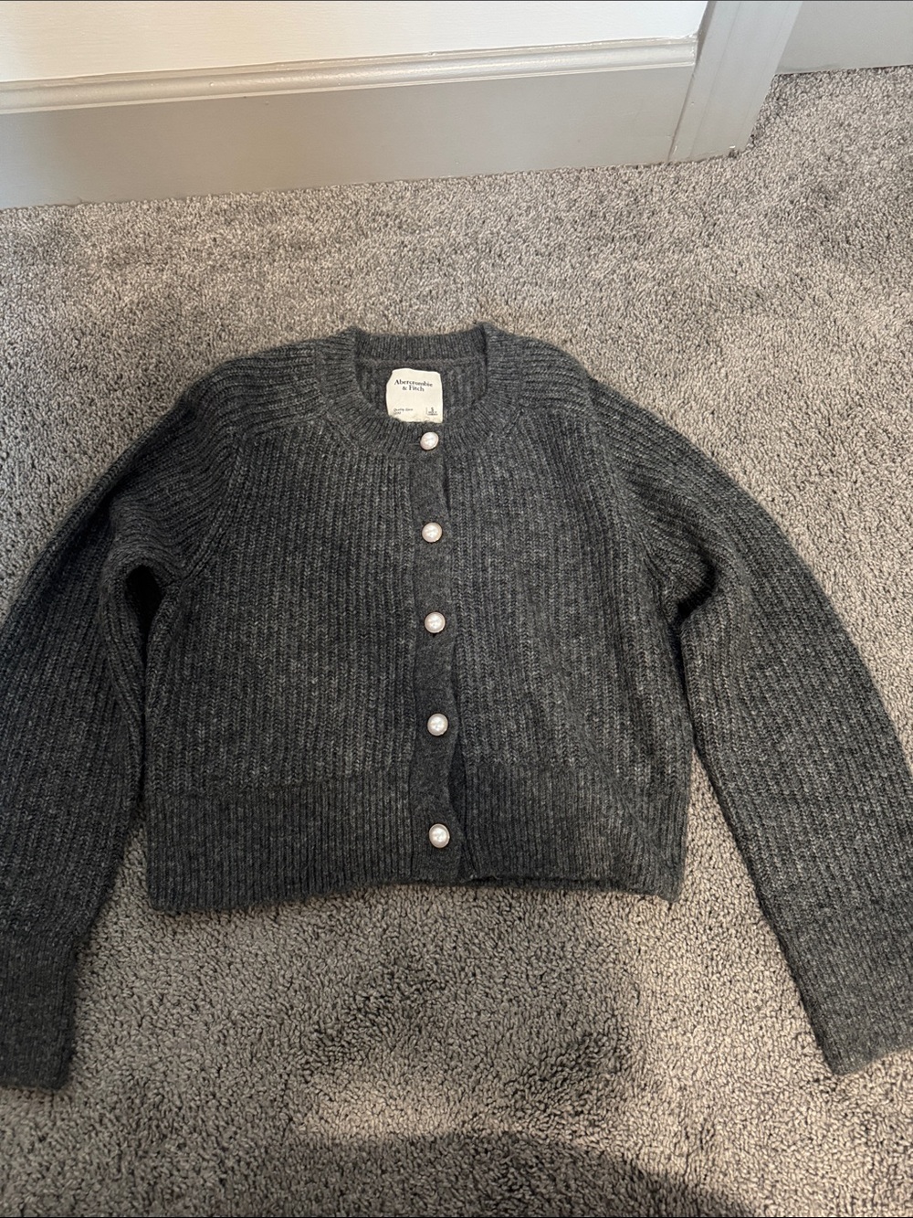 Abercrombie Dark Gray Ribbed Crewneck Cardigan with Pearl Buttons
